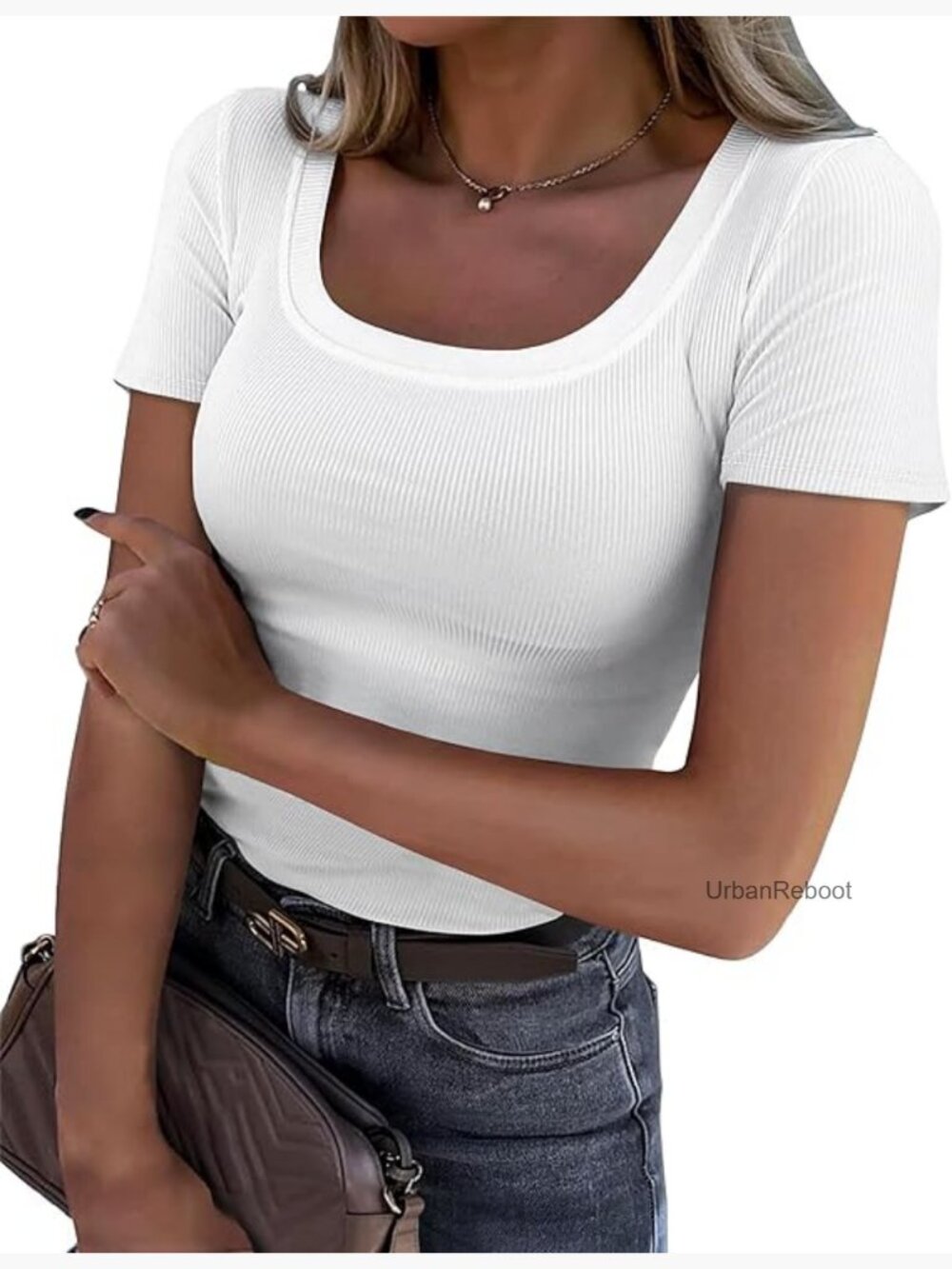 Ribbed Knit Scoop Neck Short Sleeve T-Shirt Fitted Summer Tee